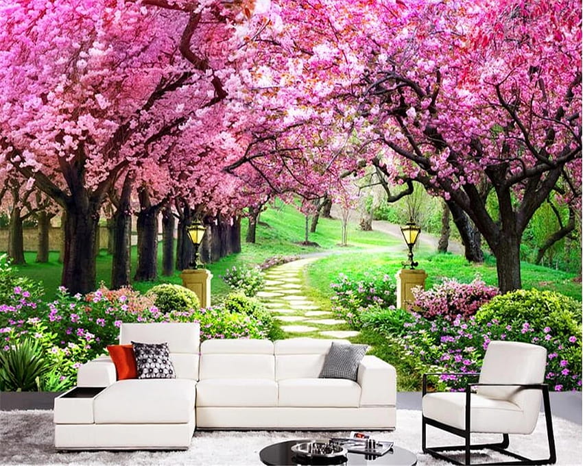 Beibehang ส่วนบุคคลแฟชั่นความงาม Cherry Blossom Garden Path ภูมิทัศน์ภายในพื้นหลังกระดาษผนังตกแต่งบ้าน . - AliExpress วอลล์เปเปอร์ HD