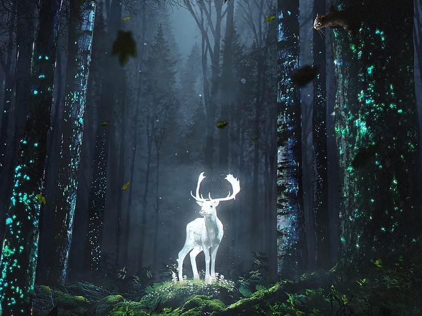 forest, wild deer, glow, fantasy, art, , , background, 2d96ef, Dark Deer HD wallpaper