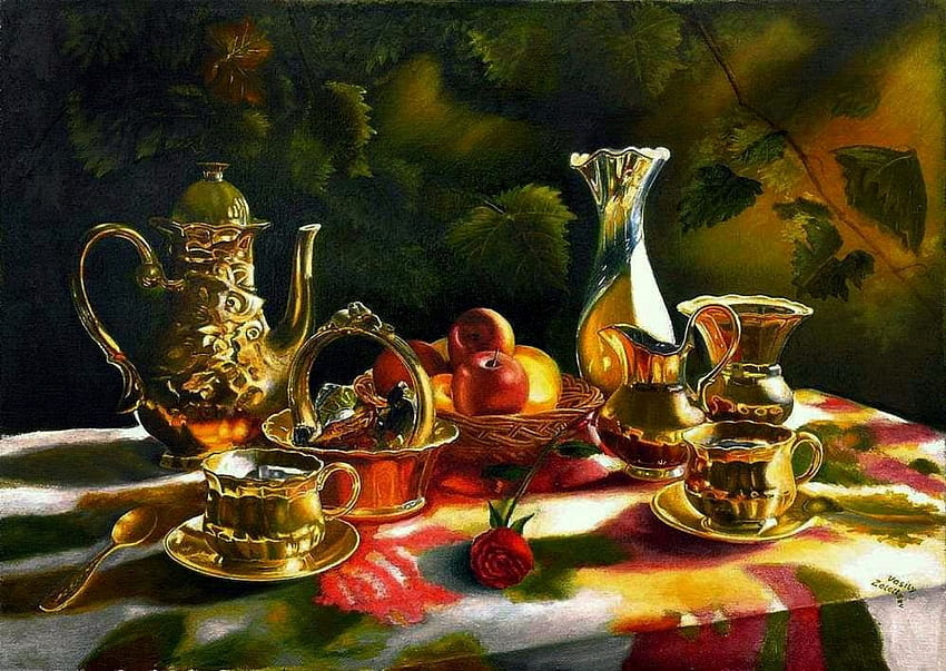 Elegant, table, tablecloth, wicker basket, basket, still life, rose, apples, silver, red rose HD wallpaper