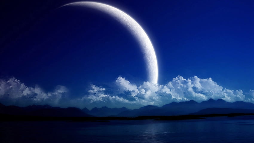 ทิวทัศน์ แฟนตาซี ภูเขา ทะเล เมฆ ดวงจันทร์ วอลล์เปเปอร์ HD