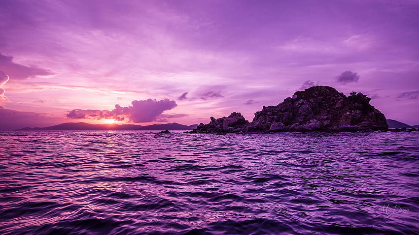 Purple Sunset, sea, islsnd, Firefox Persona theme, rock, purple, pink, lavender, sky, sunset, ocean HD wallpaper