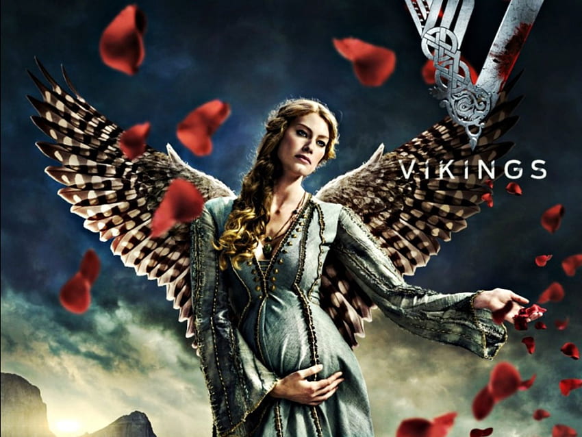 Alyssa Sutherland como Princesa Aslaug, alas, niña, Princesa Aslaug, actriz, mujer, serie de televisión, pétalos, Alyssa Sutherland, rojo, Vikingos fondo de pantalla