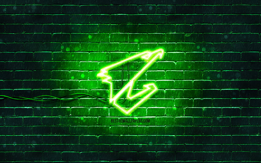 Logo verde Aorus, muro di mattoni verde, logo Aorus, marchi, Aorus Gigabyte, logo neon Aorus, Aorus Sfondo HD