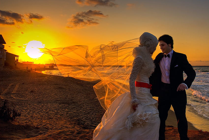 wedding in paradise, sea, sunsets, veil, lovers, people, water, sun HD wallpaper