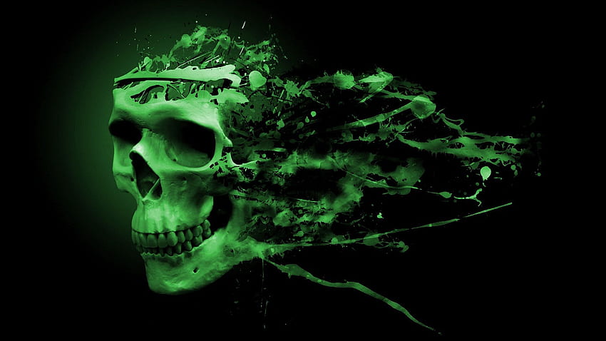 Зелен череп - , зелен фон на череп върху прилеп, зелен пламтящ череп HD тапет