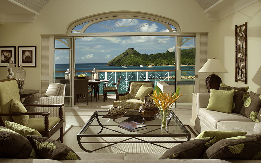 Interior, , , Ocean, Table, View, Living Room, Villa, Sofas HD wallpaper