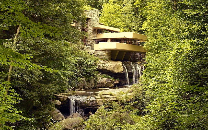River Architecture Frank Lloyd Wright Waterfall House Building Water Trees Plants Falling Water - Resolution: HD wallpaper