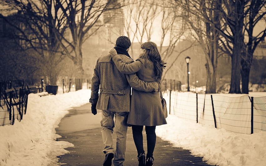 Winter, Love, Couple, Pair, Stroll, Bw, Chb, Relations, Sepia HD wallpaper