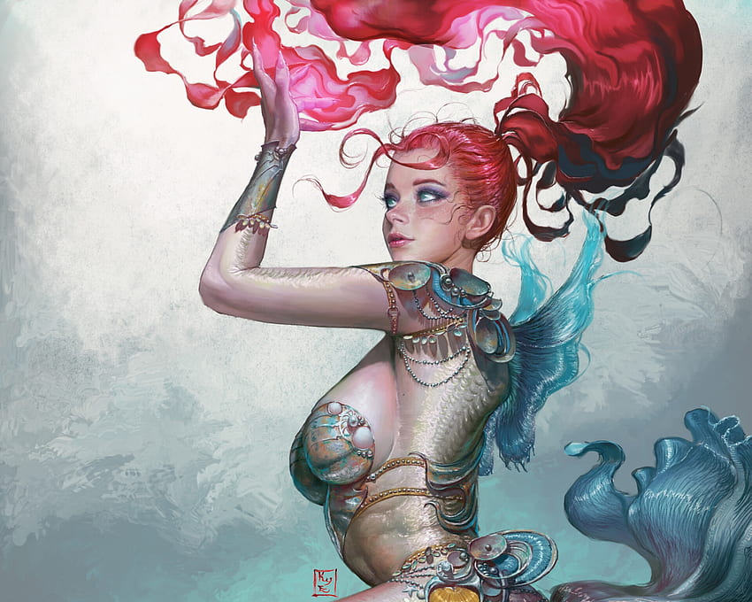 Mermaid, fantasy, kyu yong eom, art, girl, vara, siren, blue, summer, pink HD wallpaper