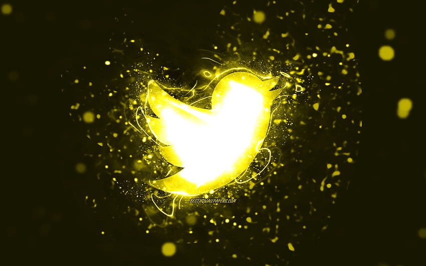 Жълто лого на Twitter, , жълти неонови светлини, творчески, жълт абстрактен фон, лого на Twitter, социална мрежа, Twitter HD тапет