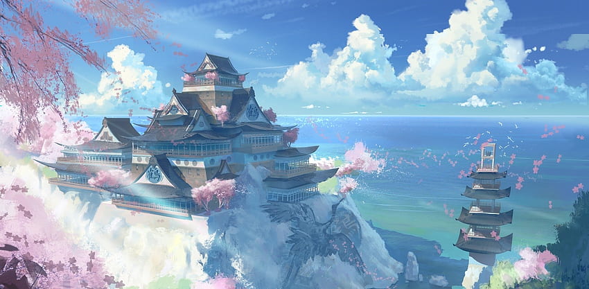 digital art, Asian architecture, anime, ghost ship, Terrain, screenshot, computer, Ghost Digital Art HD wallpaper