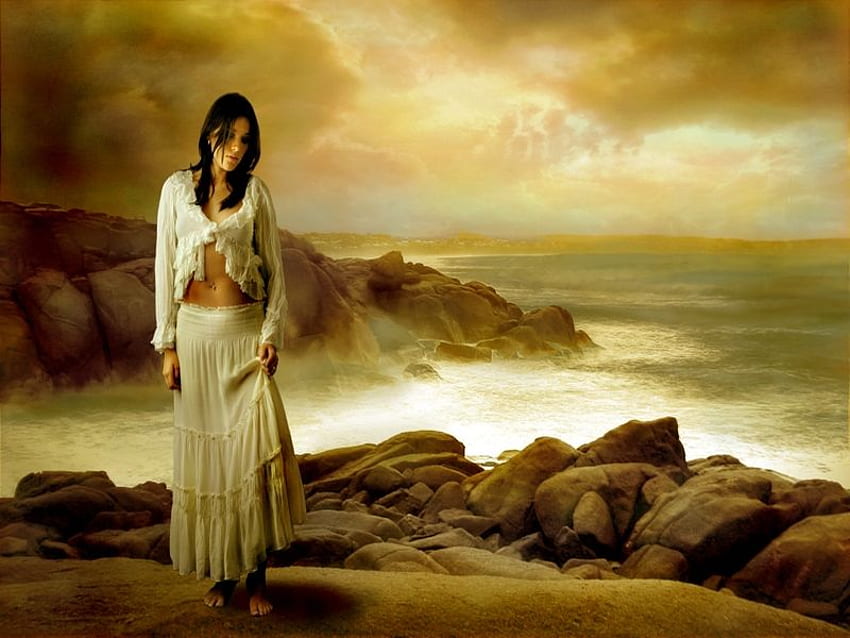 ALONE..., mist, alone, clouds, lonely, woman, ocean, rock HD wallpaper