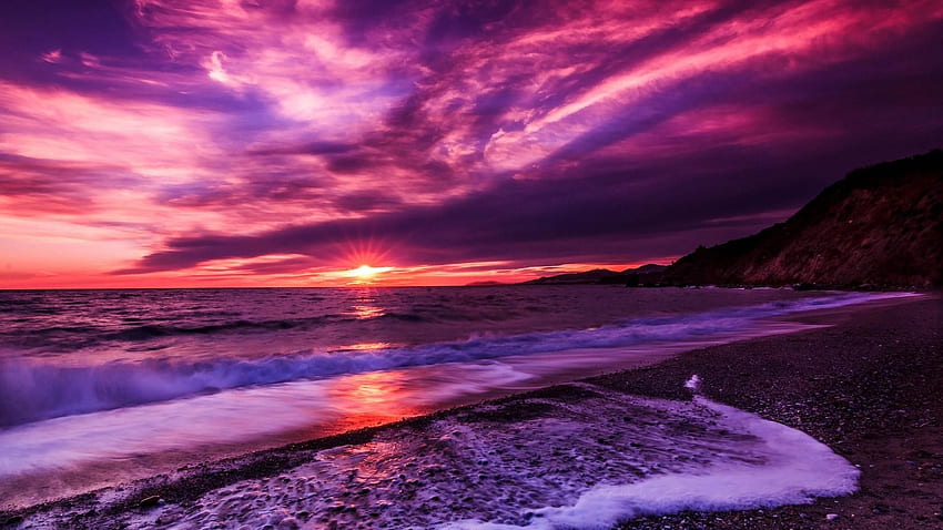 Matahari Terbenam Pantai Merah Muda Wallpaper HD