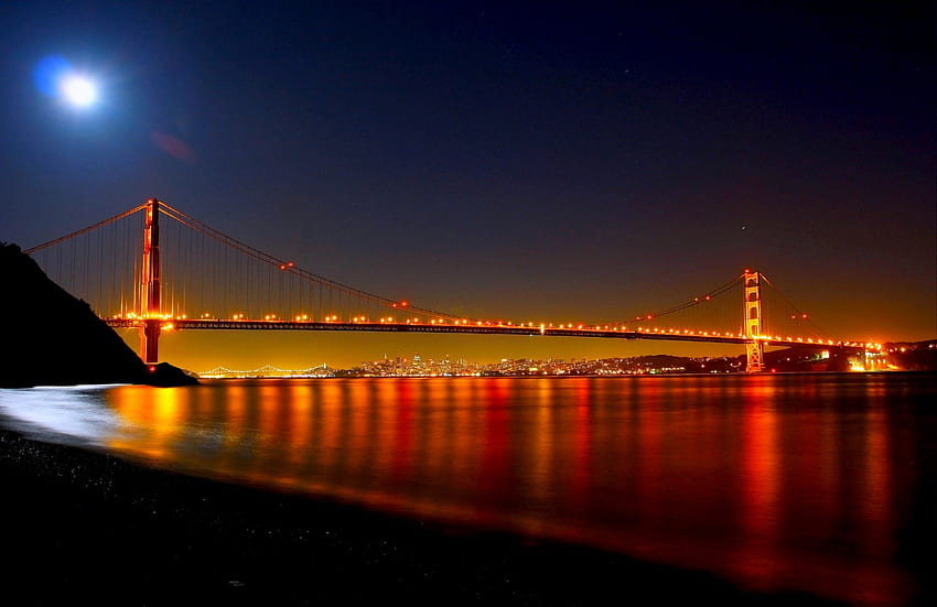 BRIDGE under MOON LIGHT, night, moon, lights, Golden Gate, Bridge, USA, beach HD wallpaper
