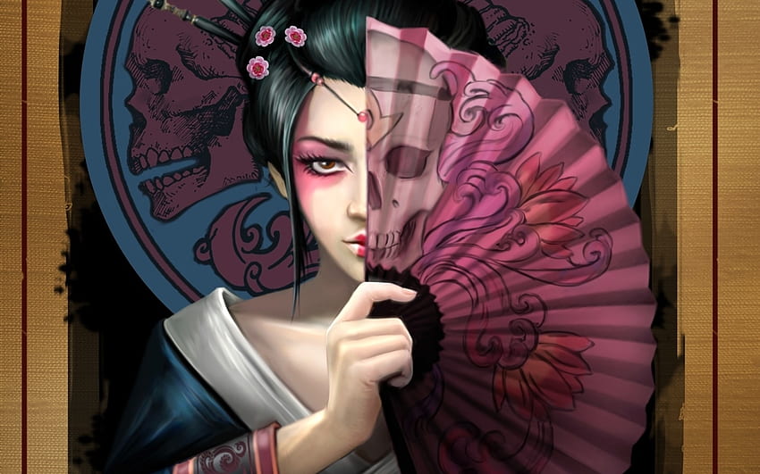 Geisha, blue, asian, skull, girl, fan, hand, death, anne stokes, pink, hand fan, fantasy, face HD wallpaper