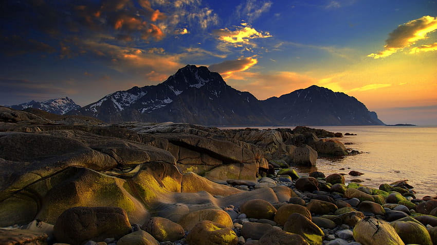 Nature, Stones, Sky, Mountains, Sea, Shore, Bank, Wet, Smooth, Evening HD wallpaper