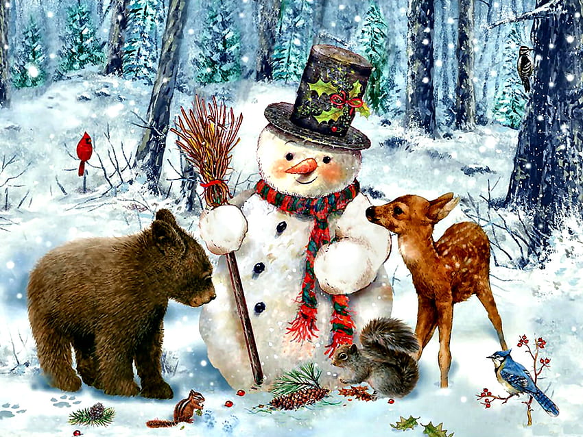 Snowman Gathering F, animal, blue jay, avian, painting, bear, cardinal, songbirds, art, beautiful, illustration, artwork, wide screen, chipmunk, wildlife, deer, nature, squirrel HD wallpaper