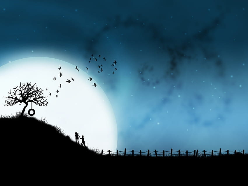 Moonlight, night, blue, black, swing, tree, moon, fantasy, couple, luna, luminos, silhouette HD wallpaper