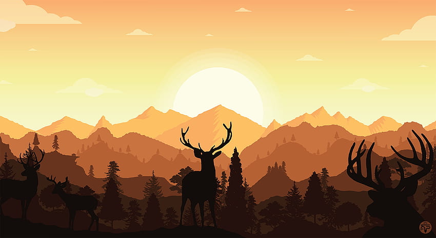 Zachód słońca, rogi, jelenie, sylwetka Tapeta HD