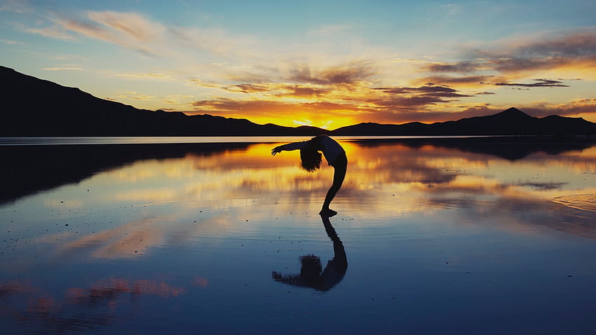 yoga, silhouette, lake, horizon HD wallpaper