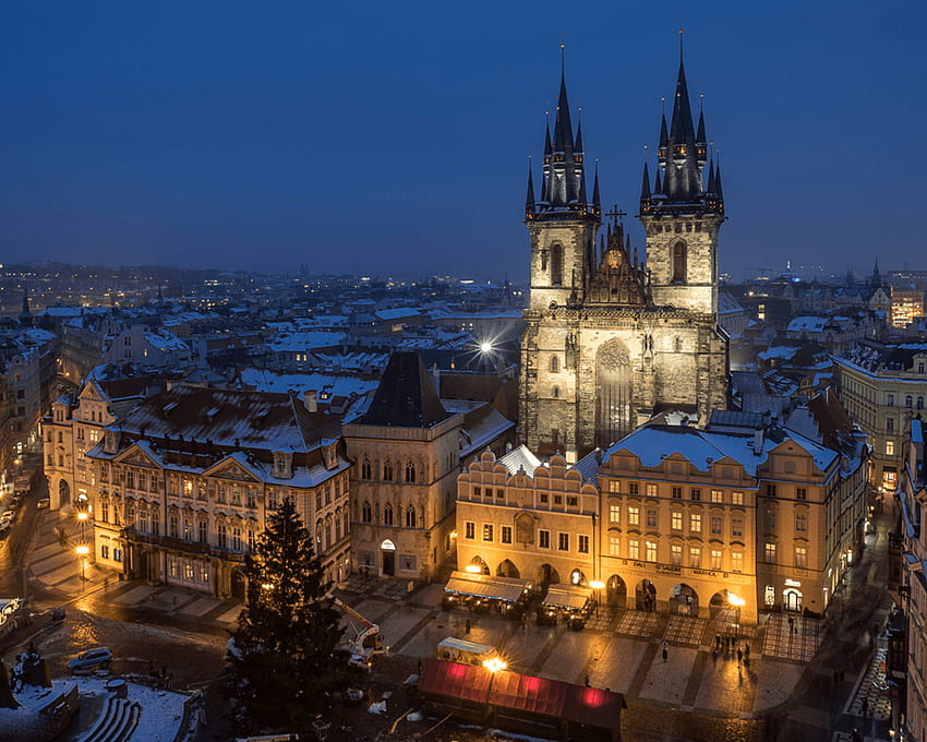 Igreja de Nossa Senhora Antes de Tyn, Praga, Natal, Crepúsculo, Cidade, Noite, República Tcheca papel de parede HD