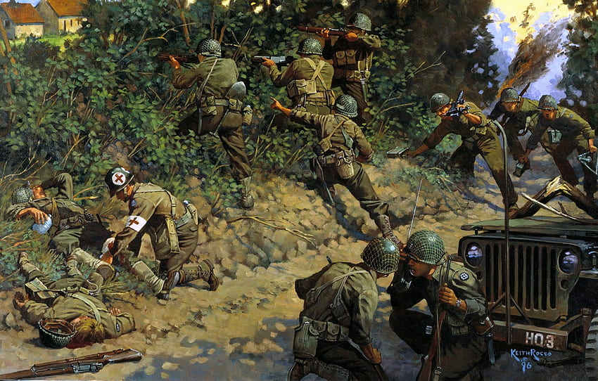 Guerra, Soldados, Jeep, Arte, Segunda Guerra Mundial - Pintura da Segunda Guerra Mundial - e fundo, Batalha da Segunda Guerra Mundial papel de parede HD