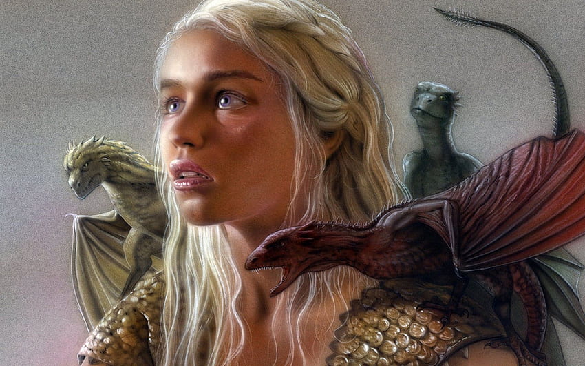 Daenerys dengan naga, daenerys targaryen, fantasi, seni, Emilia Clarke, ibu naga, gadis, luminos, permainan singgasana Wallpaper HD