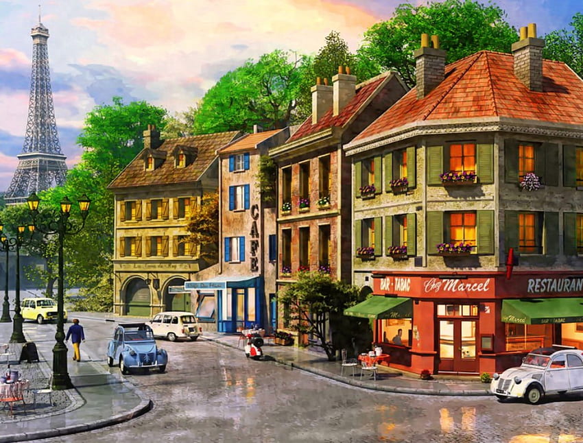 Paris, city, art, town, beautiful, summer, retro, eiffel tower, painting, street, view HD wallpaper