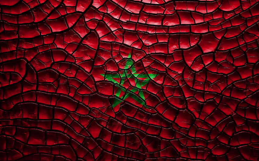 Flaga Maroka, popękana ziemia, Afryka, flaga Maroka, sztuka 3D, Maroko, kraje afrykańskie, symbole narodowe, flaga Maroka 3D z rozdzielczością. Wysoka jakość, flaga maroka Tapeta HD