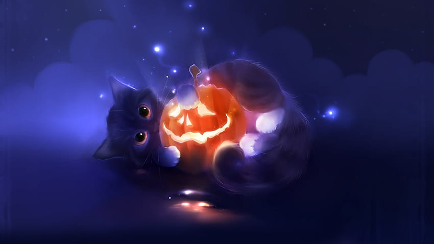 Halloween fun, pisici, fantasia, abóbora, gato, laranja, gatinho, azul, halloween, apofiss, luminos papel de parede HD
