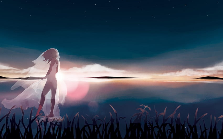 Forever alone, night, awesome, cute, stars, dress, beauty, nice, water, female, sunset, sweet, magic, short ahir, landscape, beautiful, anime girl, anime, fantasy, pretty, cool, clouds, nature, sky, bride, dream HD wallpaper