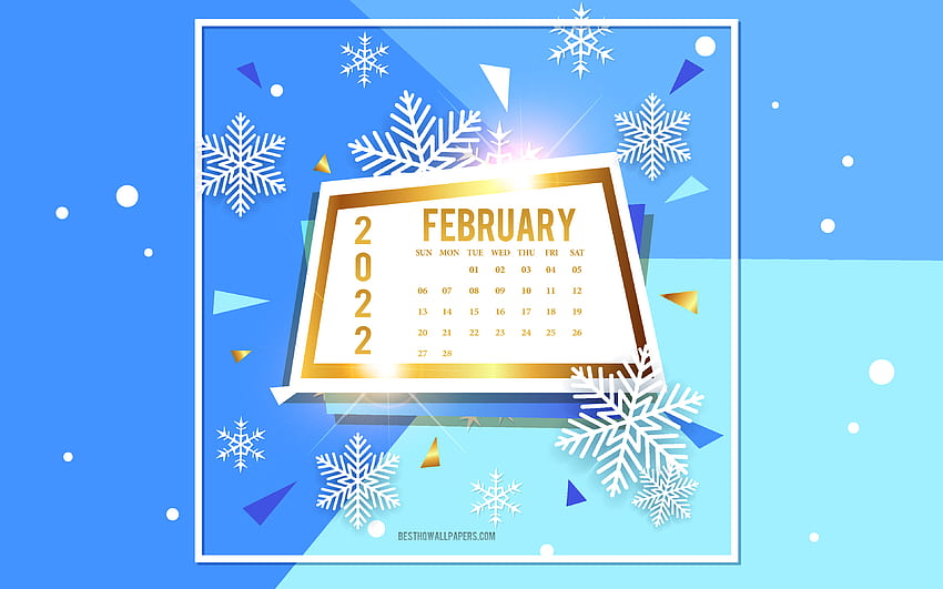 February 2022 Calendar, , blue winter background, winter calendars, 2022 February Calendar, gold frame, February, 2022 concepts for with resolution . High Quality HD wallpaper