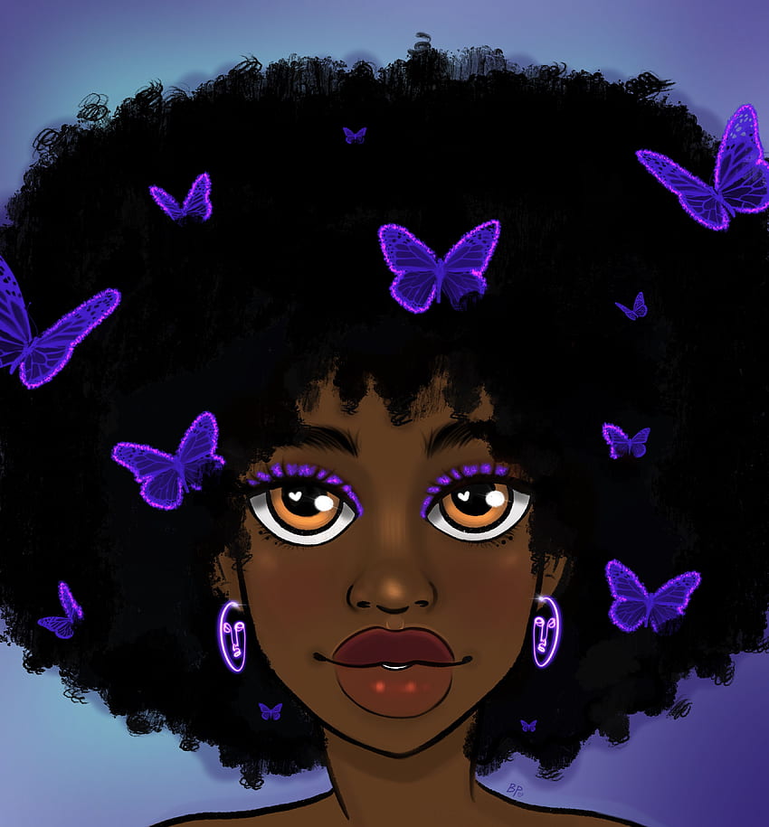 dziewczyna motyl. Fioletowy druk artystyczny, fioletowa sztuka, fioletowa grafika ścienna, afro czarna dziewczyna Tapeta na telefon HD