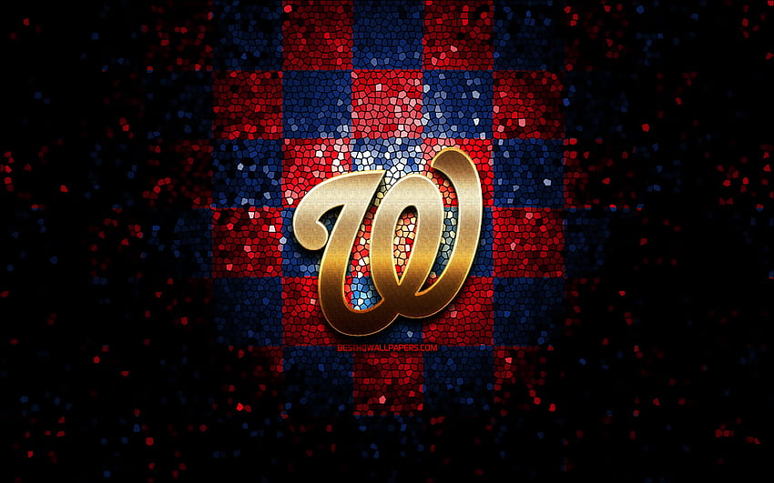Washington Nationals amblemi, parıltılı logo, HABERLER, kırmızı, mavi damalı arka plan, Amerikan beyzbol takımı, Major League Baseball, mozaik sanatı, beyzbol, Washington Nationals HD duvar kağıdı