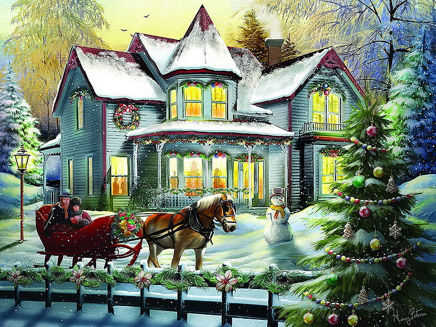 冬の乗り物、冬、アート、楽しい、家、イブ、美しい、木、上昇、馬、そり、装飾、休日、絵画、クリスマス、雪、喜び 高画質の壁紙