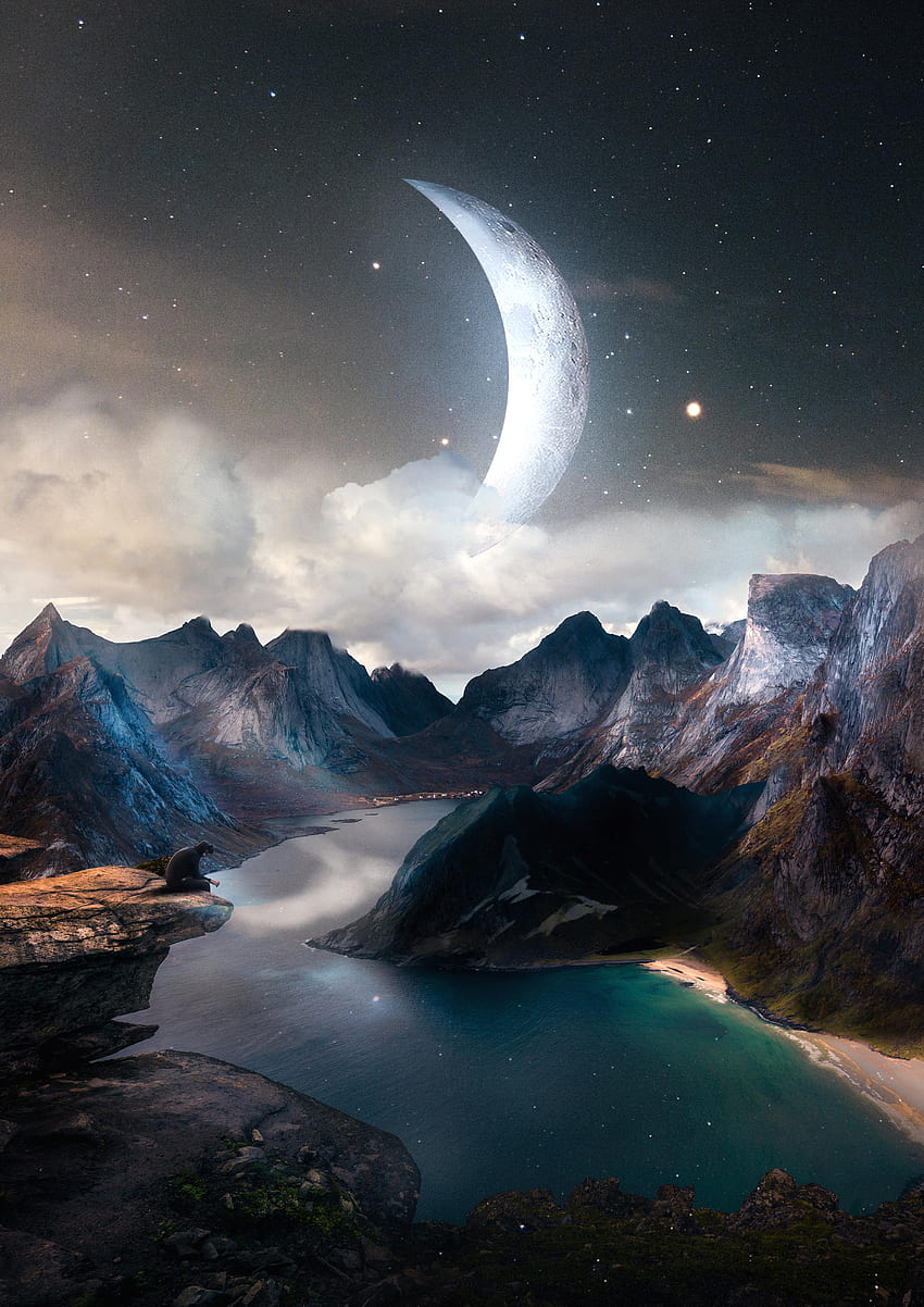 Landscape, Rivers, Mountains, Moon, Rocks, , , Human, Person, Fantastic HD phone wallpaper