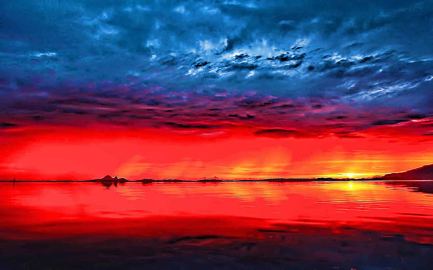 Melihat merah, bara, langit sinar matahari terbenam, pantulan, gunung Wallpaper HD
