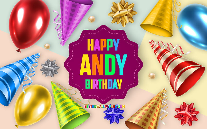 Happy Birtay Andy, Birtay Balloon Background, Andy, sztuka kreatywna, Happy Andy Birtay, jedwabne kokardki, Andy Birtay, tło strony Birtay Tapeta HD