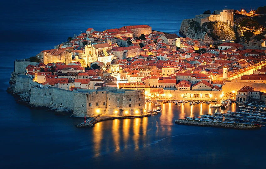 sea, building, home, fortress, night city, Croatia, Dubrovnik HD wallpaper