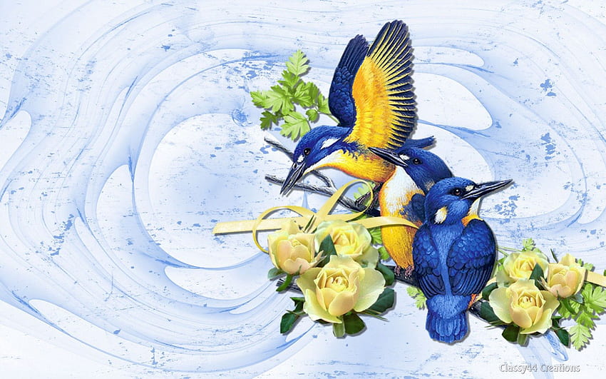 Blue Birds, blue, birds, pretty, yellow, cute, beautiful, flowers, spring HD wallpaper
