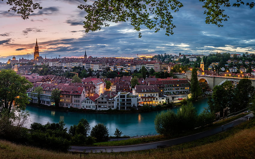 Bern, Aare River, evening, sunset, Bern cityscape, Swiss cities, Bern panorama, Brunnadern, Switzerland HD wallpaper