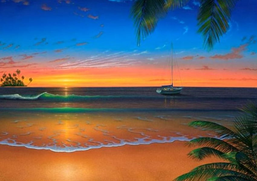 Pantai Emas, telapak tangan, pulau, warna emas, matahari terbenam, pantai Wallpaper HD