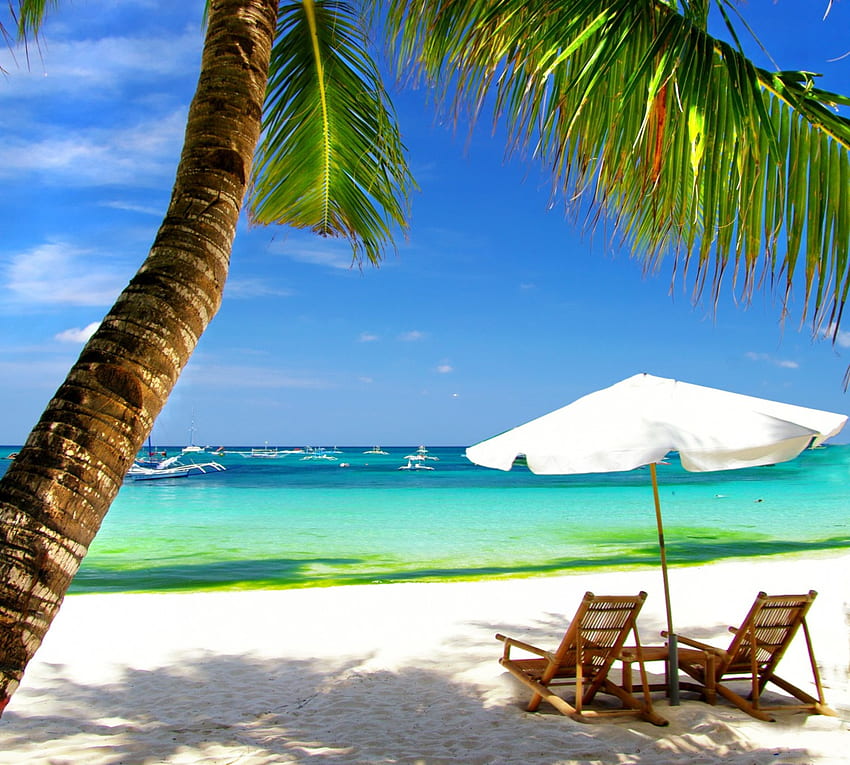 Vacation Time Blue Sunshine Lounge Sea Palms Umbrella Sand Tropical Paradise Beach