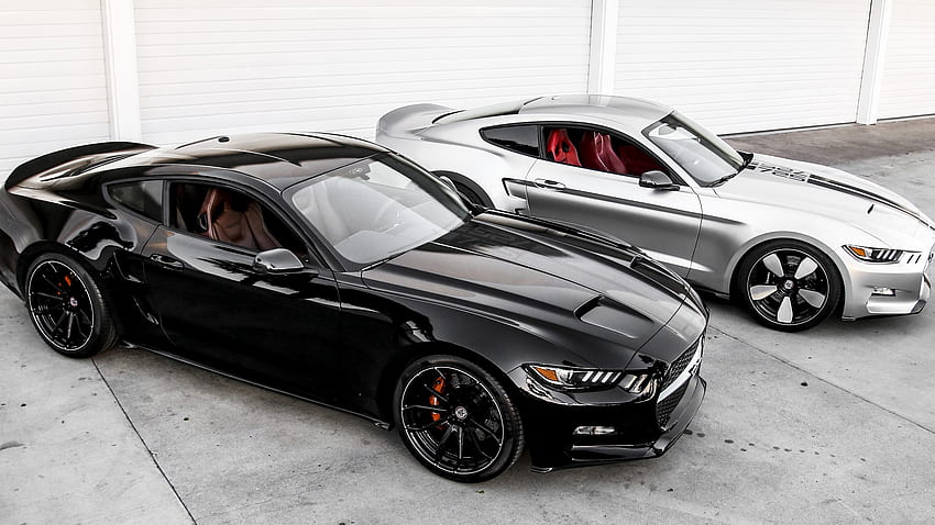 Ford Mustang, guado, auto nere, vista laterale, auto grigie, auto, mustang, veicoli Sfondo HD