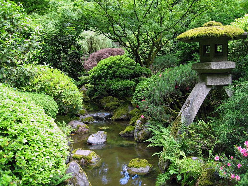 日本庭園 京都 - 日本、白、石灯点灯者、美しい、石、赤、木、花、公園の庭、緑、水 高画質の壁紙