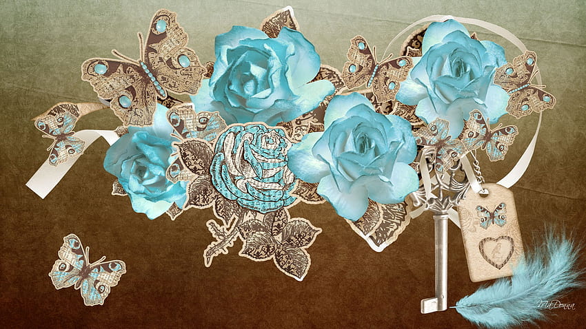 Paper Roses, roses, firefox persona, ribbon, lace, tag, paper, feather, butterfly, key, flowers HD wallpaper