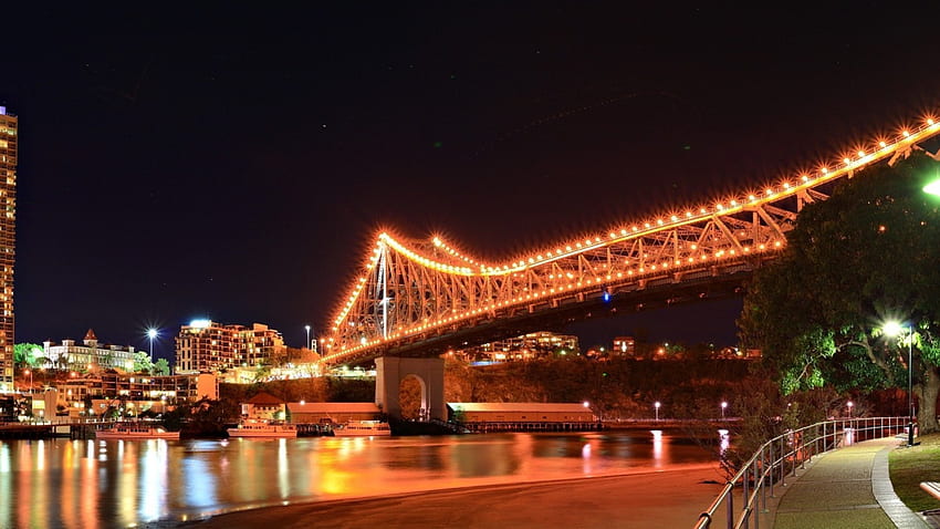 river walk under a bridge at night, night, river, city, lights, path, bridge HD wallpaper