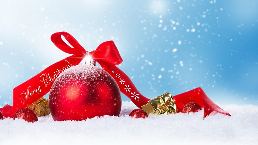 Bright Red Ball and Ribbon, winter, Feliz Navidad, holiday, Christmas ...