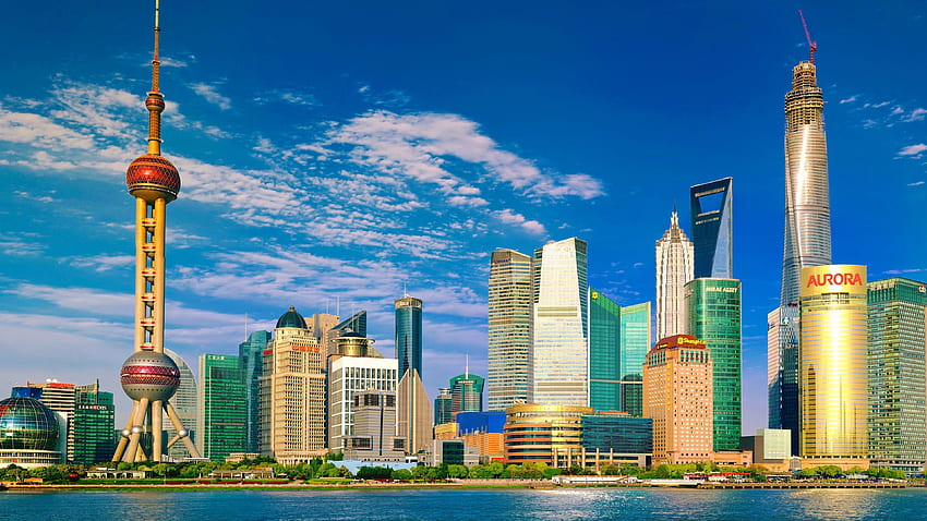 Китайски град, Шанхай, река, небостъргачи, кула, небе, китайски град HD тапет