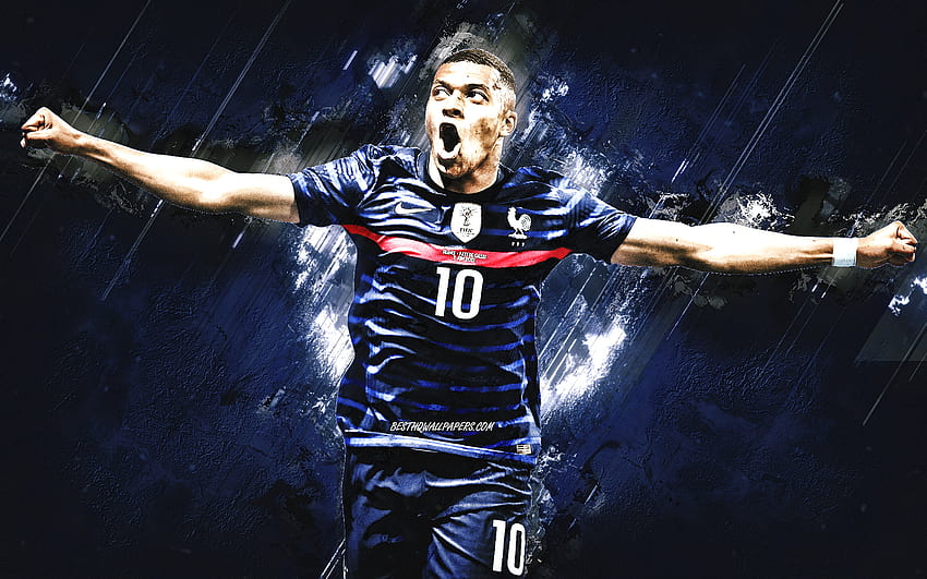 Килиан Мбапе, френски национален отбор по футбол, френски футболист, портрет, изкуство на Мбапе, Франция, футбол, фон от син камък HD тапет